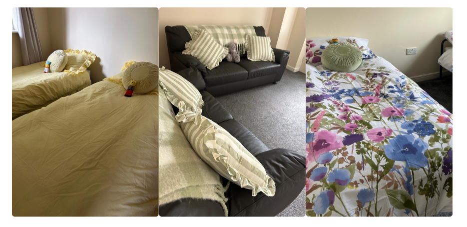 A collage of photos of beds and sofas with blankets and cushions